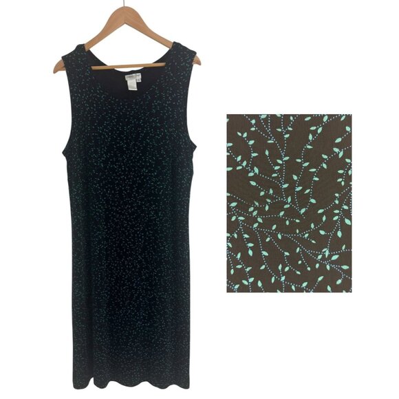 Coldwater Creek Black Teal Blue Leaf Print Slinky Stretch Midi Dress Size 1X‎ 16 - Picture 1 of 6